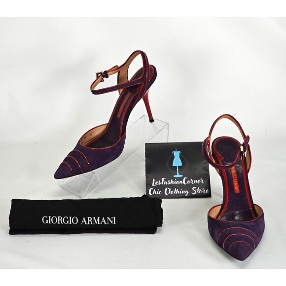 Giorgio Armani Women's Purple/Red Suede Stiletto Heels Ankle Strap Sz 7 US 101 - Picture 2 of 16